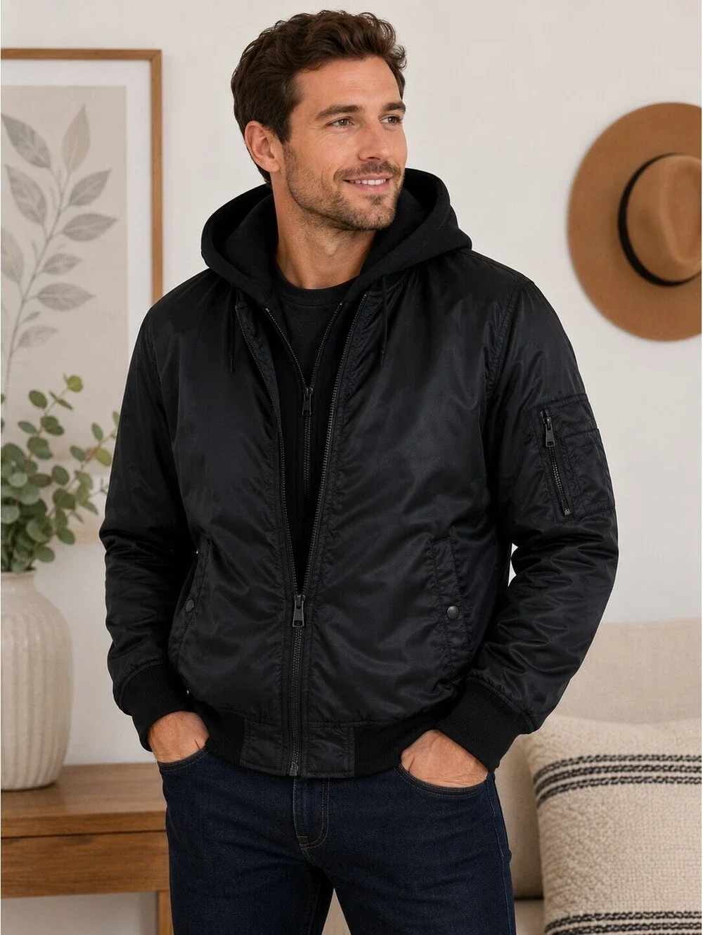GUESS Men's Black Hooded Jacket Heavy Faux Fur Lined Full Zip Coat Size Large